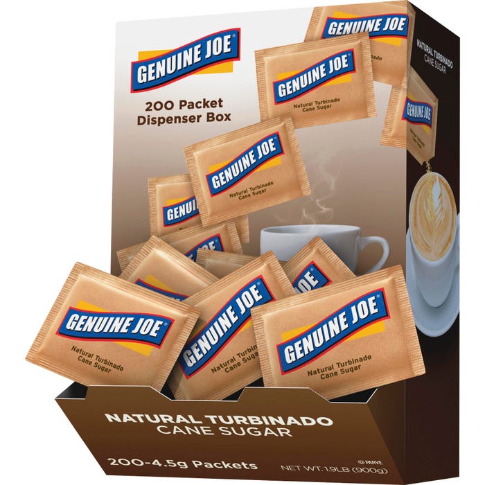 Genuine Joe Crystal Productions Turbinado Unrefined Cane Sugar Packet, Brown, Pack of 200