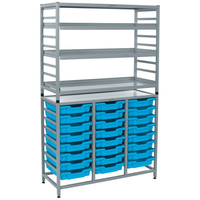 Gratnells Dynamis Cart Combo Set, 24 Shallow F1 Trays and 3 Shelves, 41-1/2 x 16-3/5 x 67-1/5 Inches