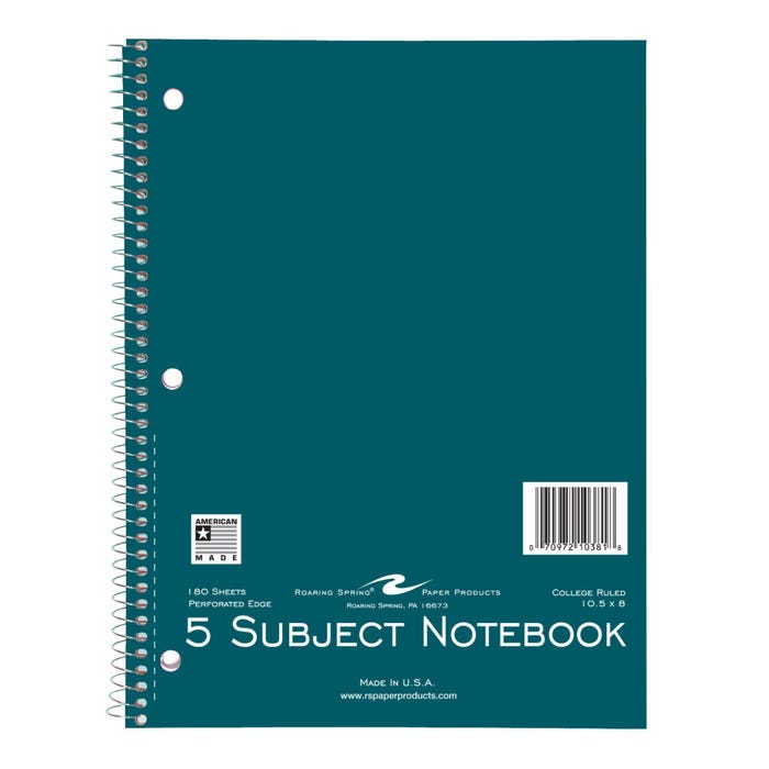 Roaring Spring 5 Subject College Ruled Notebook, 10-1/2 x 8 Inches, 180 Sheets
