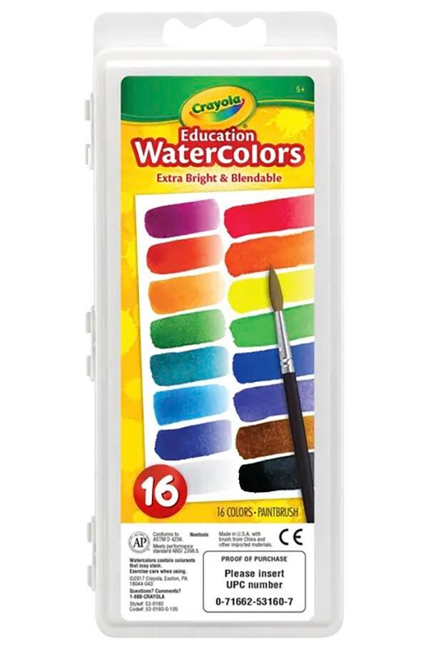 Crayola Semi-Moist Watercolor Paint in Oval Pans, 16 Assorted Brilliant Colors, Item Number 245680
