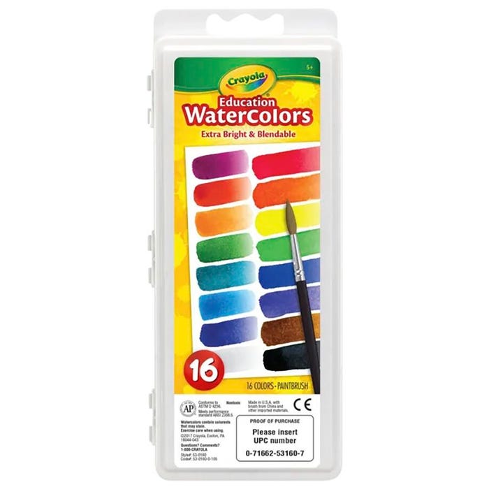 Crayola Education Watercolor Paint Set, 16 Oval Pans, Assorted Colors
