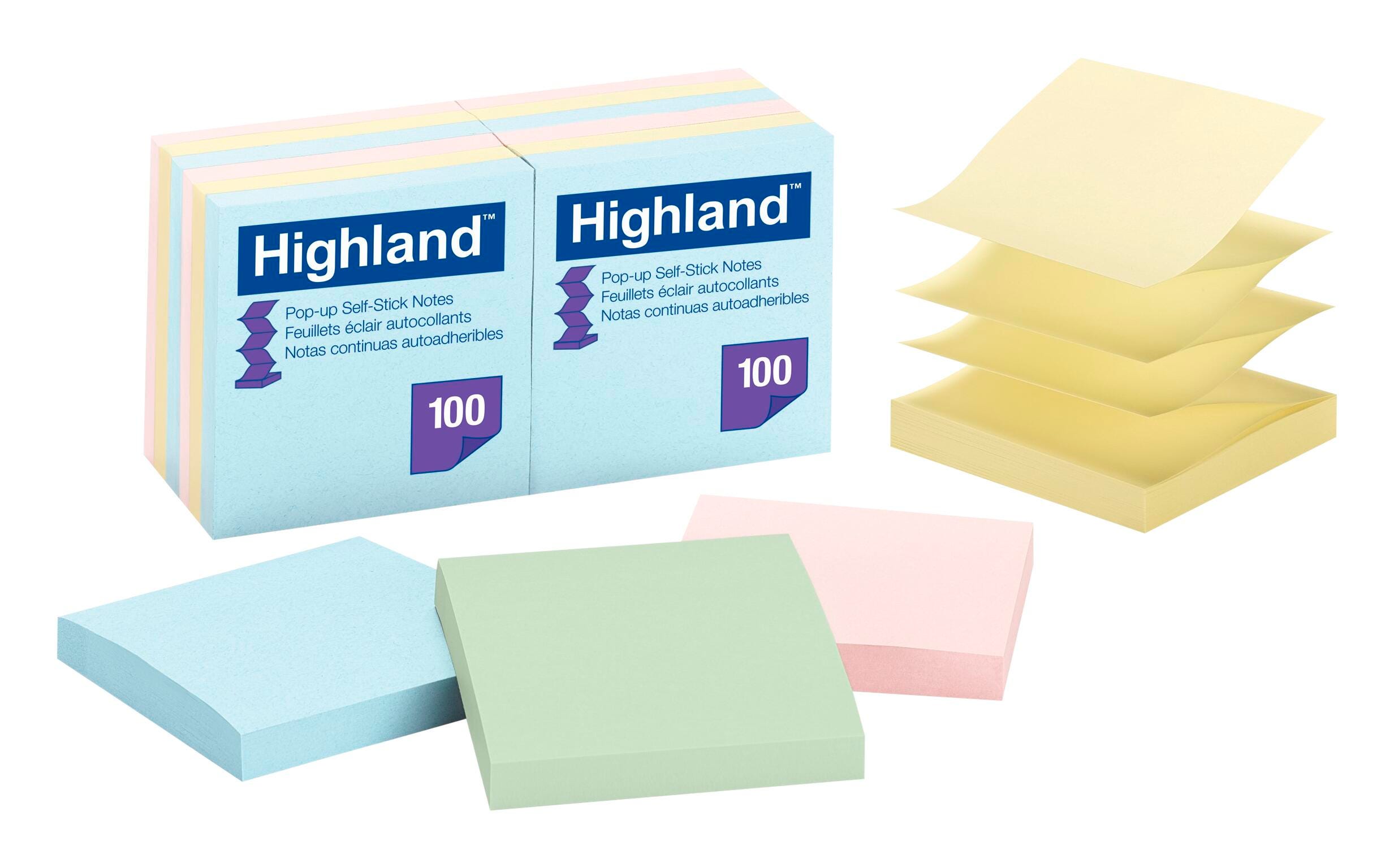 Highland™ Pop-up Notes, 3 in x 3 in, Assorted Pastel Colors, 12 Pads/Pack, Item Number 086840