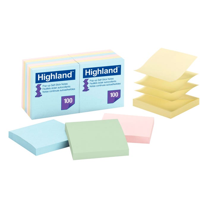 Highland™ Pop-up Notes, 3 in x 3 in, Assorted Pastel Colors, 12 Pads/Pack