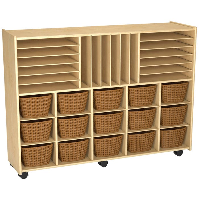Childcraft Mobile Store-and-Stack Storage Unit, Locking Casters, 15 Wicker Baskets, 47-3/4 x 14-1/4 x 36 Inches