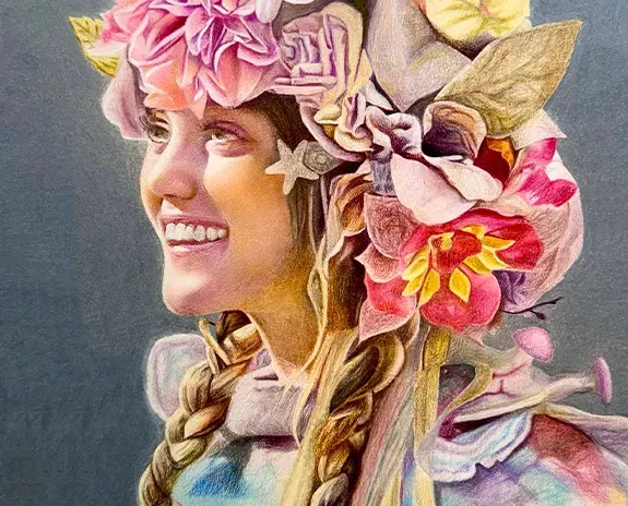 Colorful drawing of a person with braided hair and a floral headdress.