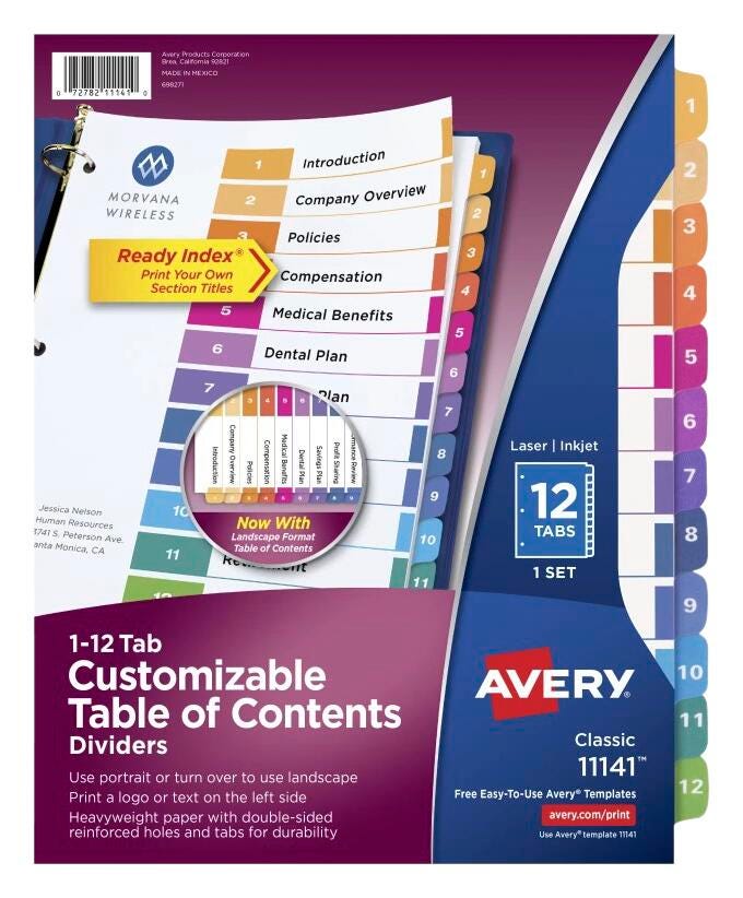 Avery Ready Index Dividers, 12 Tab, 1-12, Assorted Colors, 1 Set 2010285