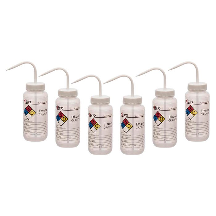 Eisco Labs Ethanol Wash Bottle, 500 mL, Wide Mouth, Pre-Labeled, LDPE (4 color), Pack of 6