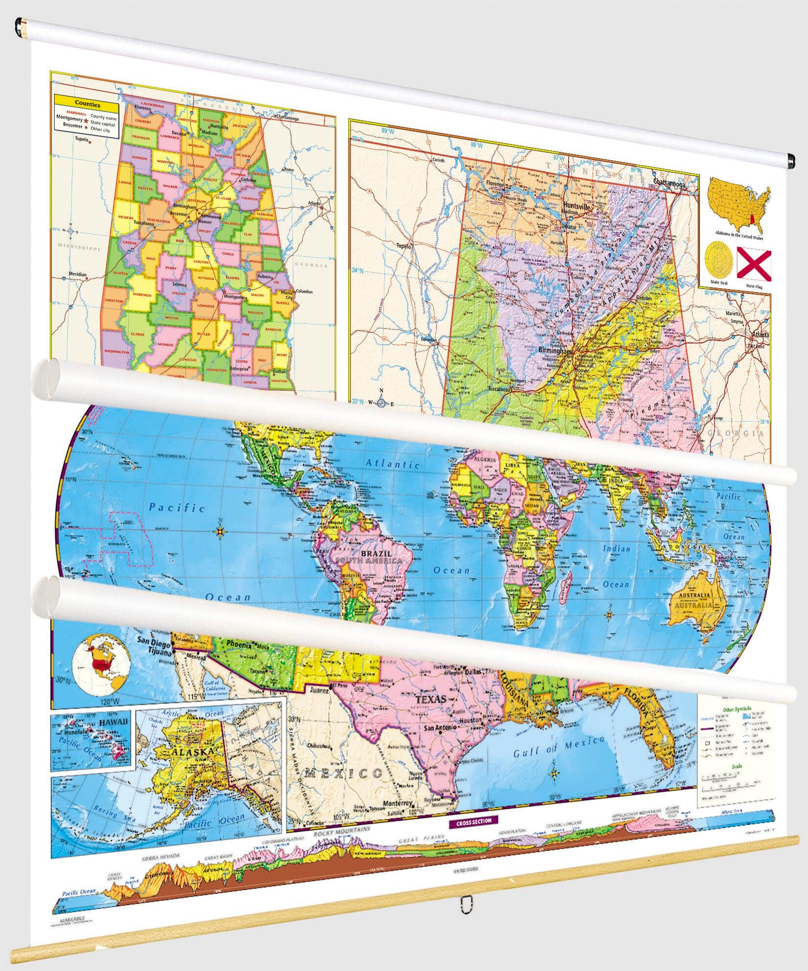 Social Studies ALABAMA/U.S./WORLD MAP COMBO, Markable, Erasable, Grades 4-12, Item Number 1566292