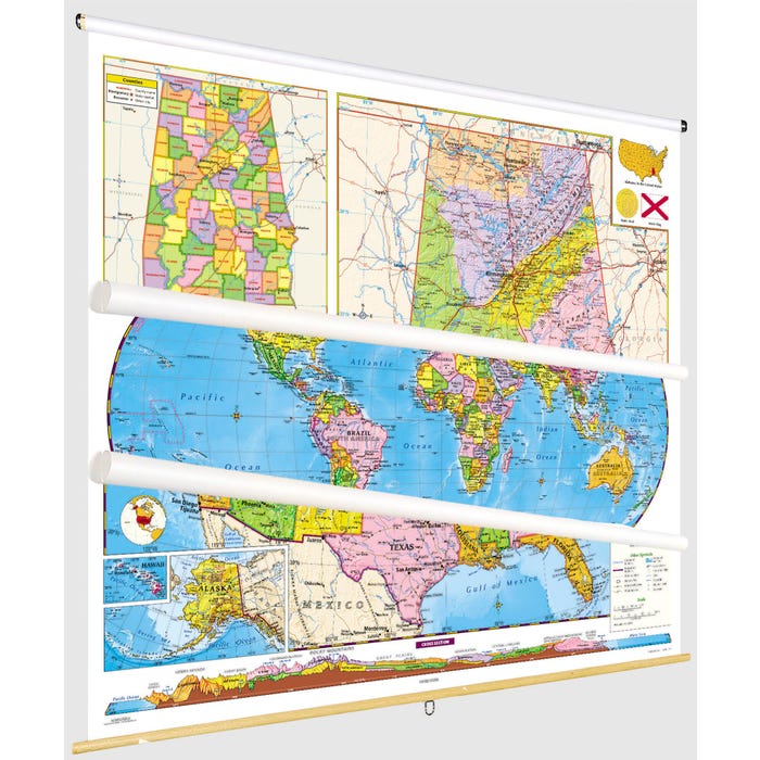 Social Studies ALABAMA/U.S./WORLD MAP COMBO, Markable, Erasable, Grades 4-12