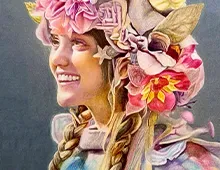 Colorful drawing of a person with braided hair and a floral headdress.