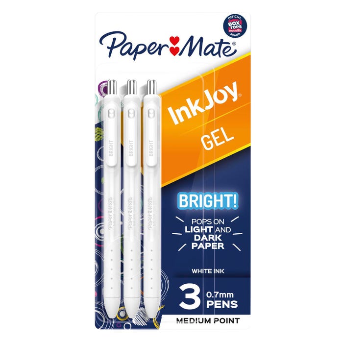 Paper Mate InkJoy Gel Bright Retractable Pens, Medium Point, 0.7 mm, White, Set of 3