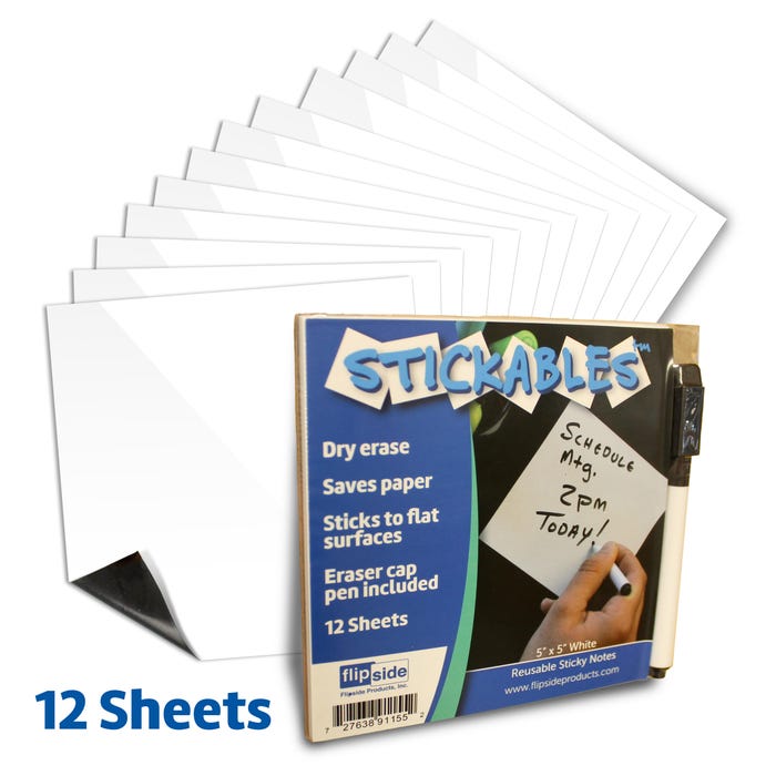 Flipside White Dry Erase Stickables with Dry Erase Marker, 5 x 5 Inches, Pack of 12