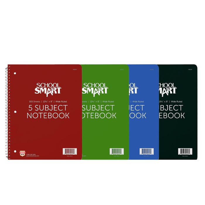 School Smart Spiral Non-Perforated 5 Subject Wide Ruled Notebook, 10-1/2 x 8 Inches