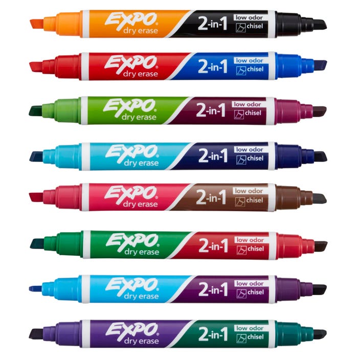 EXPO 2-in-1 Dry Erase Markers, Chisel Tip, Assorted Colors, Set of 8