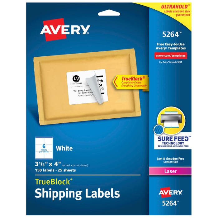 Avery TrueBlock Shipping Labels, Laser, 3-1/3 x 4 Inches, White, Pack of 150