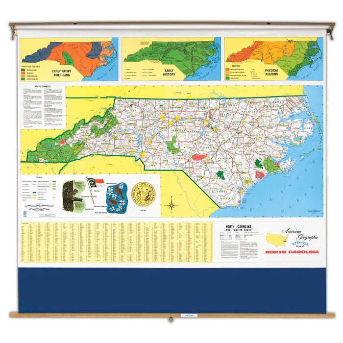 Nystrom North Carolina Pull Down Roller Classroom Map, 64 x 50 Inches