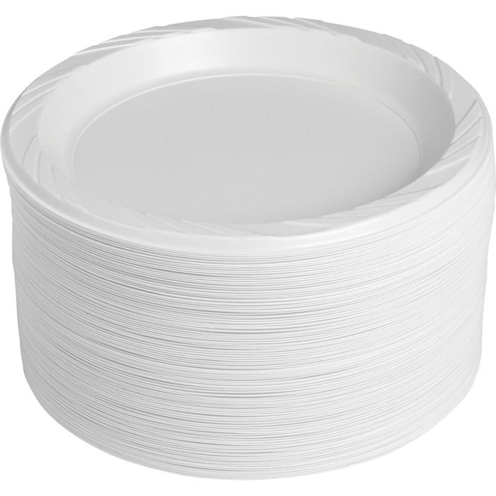 Genuine Joe Disposable/Reusable Round Plate, 9 W in, Plastic, White, Pack of 125