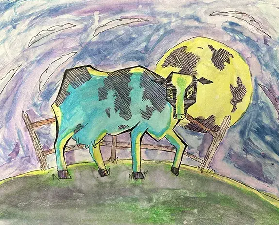 Colorful watercolor painting of a cow with a large moon behind it.