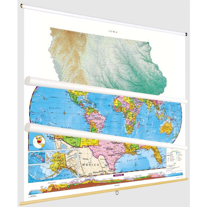 Social Studies IOWA/U.S./WORLD MAP COMBO, Markable, Erasable, Grades 4-12