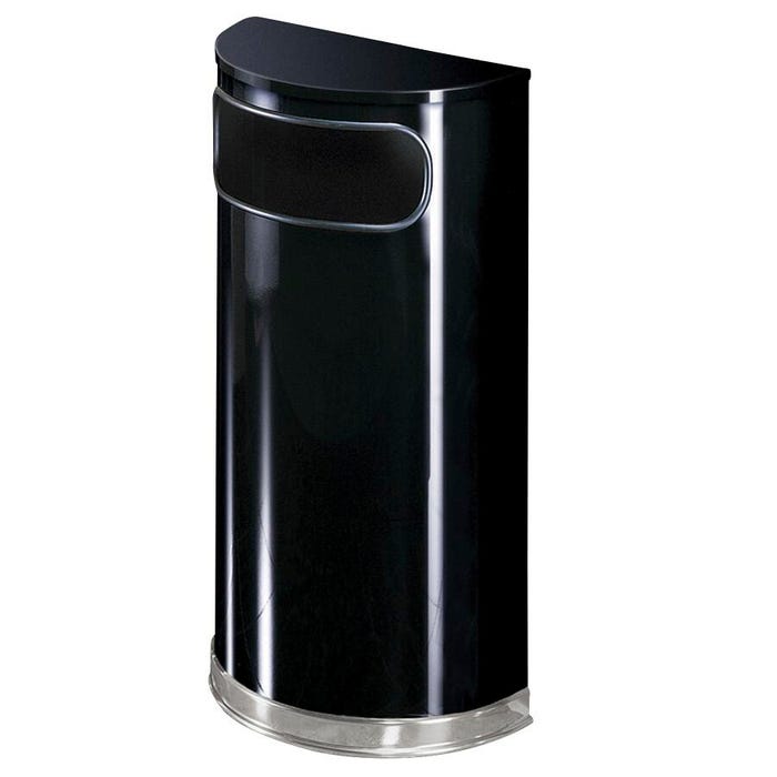 Rubbermaid Half Round Waste Receptacle, 9 Gallon, Steel, Plastic Liner, Black, Powder Coated