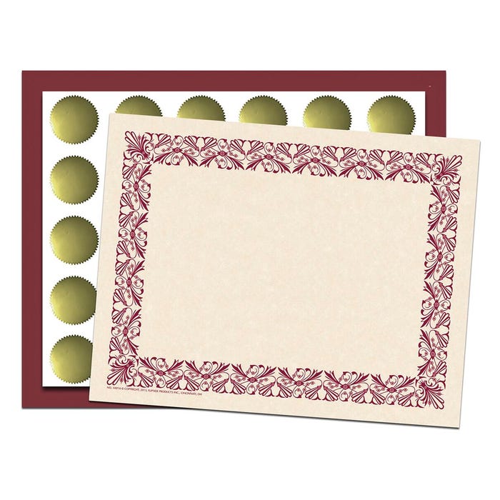 Haye's Art Deco Certificate Set with 50 Bordered Papers, 30 Folder and 30 Seals, Maroon