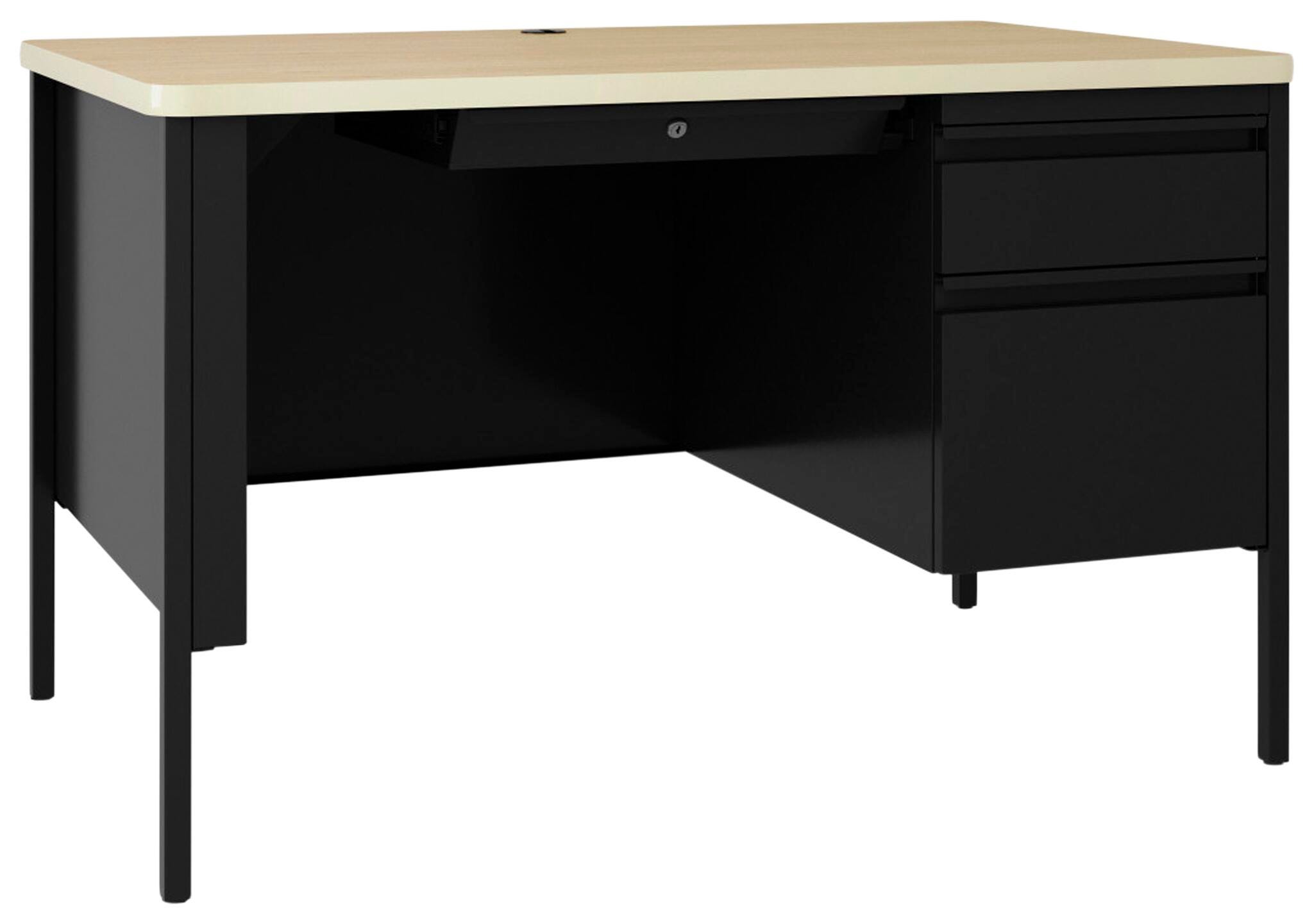 Lorell Fortress Single Pedestal Teacher's Desk, 48 x 29.5 x 30 in, T-Mold Edge, Maple Surface, Black Finish 2048841