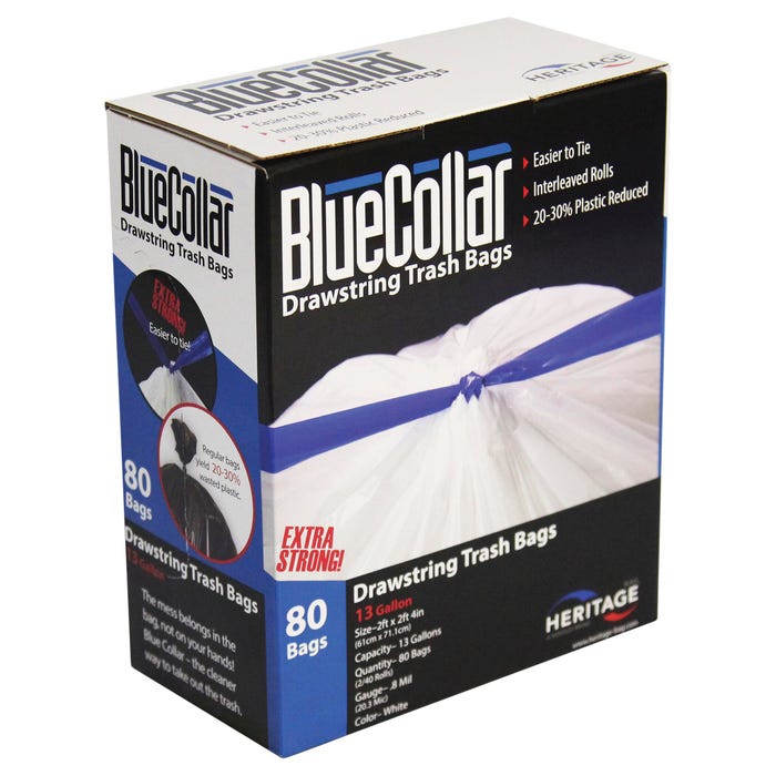 BlueCollar Drawstring Can Liners, 13 Gallon, 0.80 mil, White, 80 Count, Case of 6