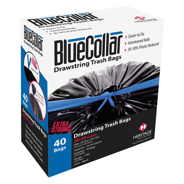 BlueCollar Drawstring Can Liners, 30 Gallon, 1 mil, Black, 40 Count, Case of 6