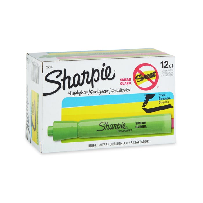 Sharpie Tank Style Highlighters, Chisel Tip, Fluorescent Green, Pack of 12