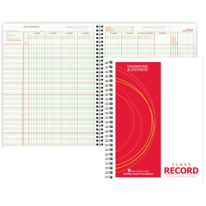 Hammond & Stephens 0633 P Wire-O Bound Class Record Book, 8-1/2 X 11 Inches, 40 Students, 8 Subjects, 9/10 Week, Green/Red