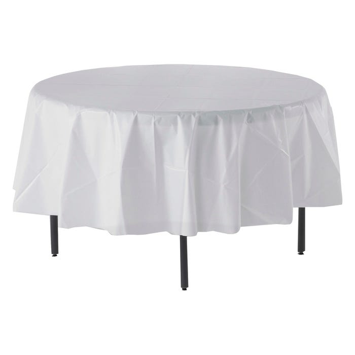 Genuine Joe Table Cover, 84 Dia in, Round, Plastic, White, Pack of 6