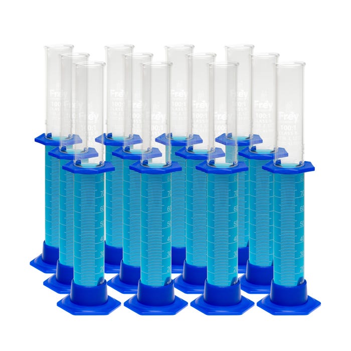 Frey Scientific Borosilicate Glass Cylinders with Plastic Bases, 100 mL, Pack of 12