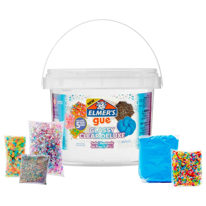 Elmer's Gue Pre-Made Slime with Mix-Ins, 3 Pound Bucket, Glassy Clear, 6 Piece Set