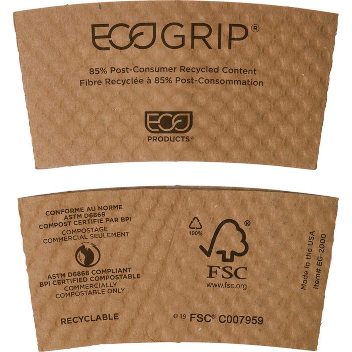 Eco-Products EcoGrip Recycled Paper Cup Sleeves, Kraft, Pack of 1300