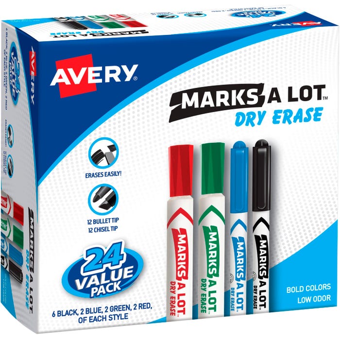 Avery Marks-A-Lot Low Odor Non-Toxic Dry Erase Marker Combo Pack, Fine and Chisel Tip, Assorted Colors, Set of 24