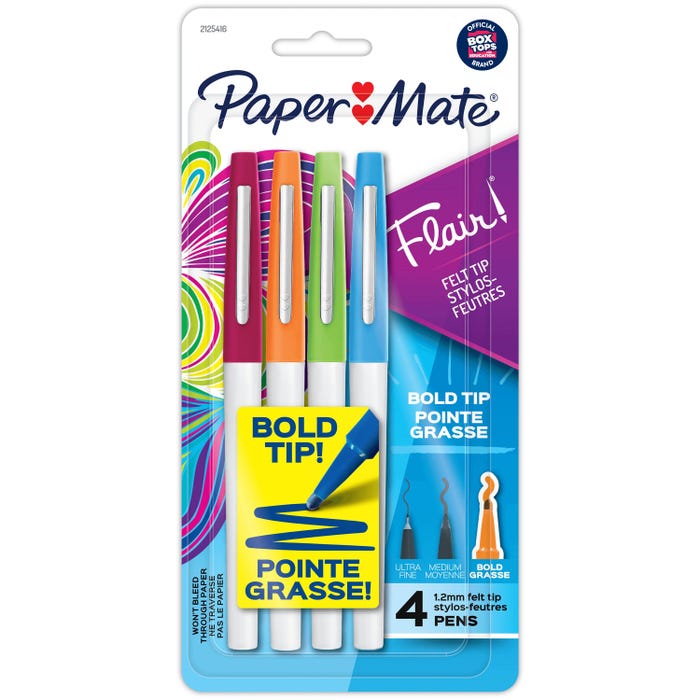 Paper Mate Flair Felt Tip Pens, Bold Point, 1.2 mm, Assorted Colors, Set of 4