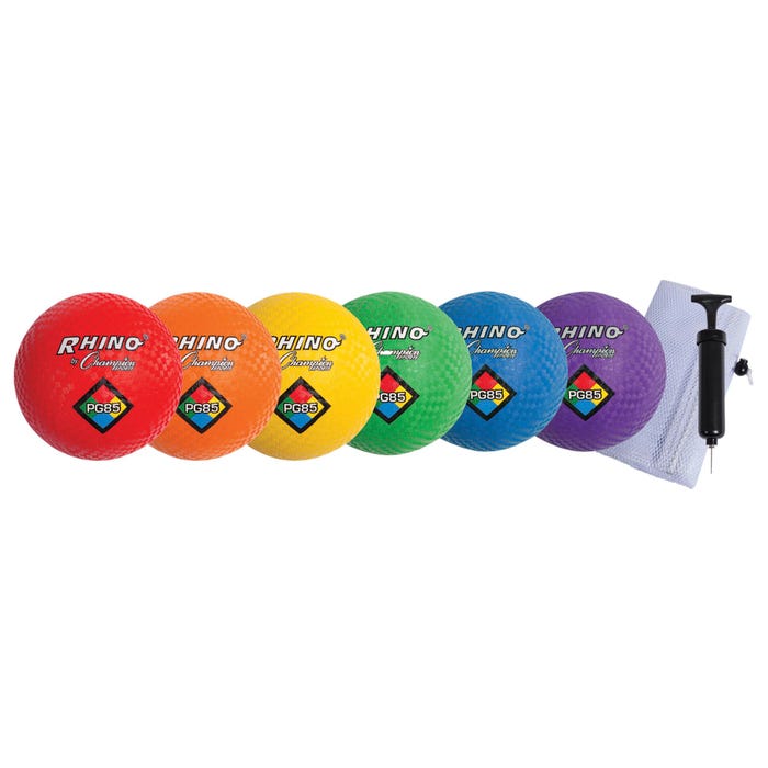 Champion Sports Rhino Skin Playground Ball Set with Pump & Bag, 8-1/2 Inch Diameter, Assorted Colors, Set of 6