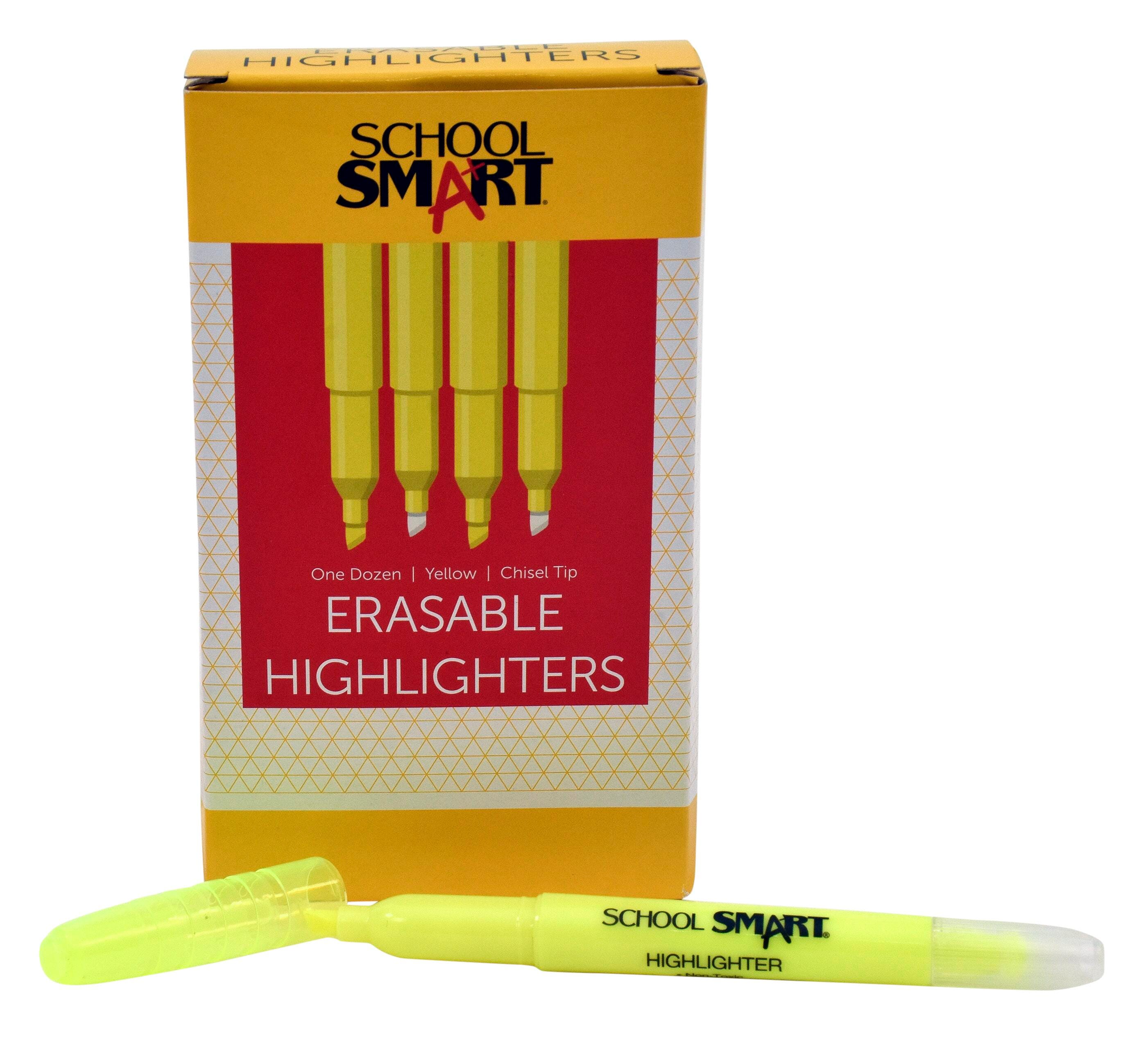 School Smart Erasable Pen Style Highlighters, Chisel Tip, Yellow, Pack of 12 2100582