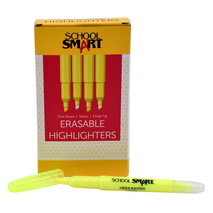 School Smart Erasable Pen Style Highlighters, Chisel Tip, Yellow, Pack of 12