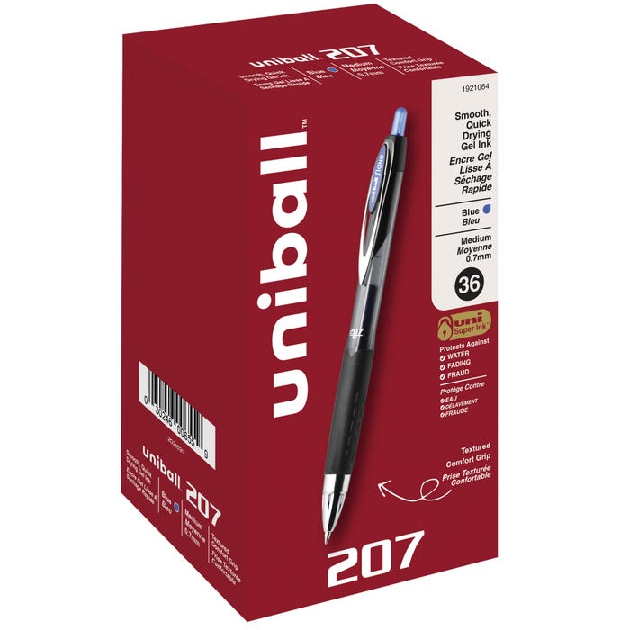 uniball 207 Retractable Gel Pen, 0.7 mm Medium Tip, Blue, Pack of 36