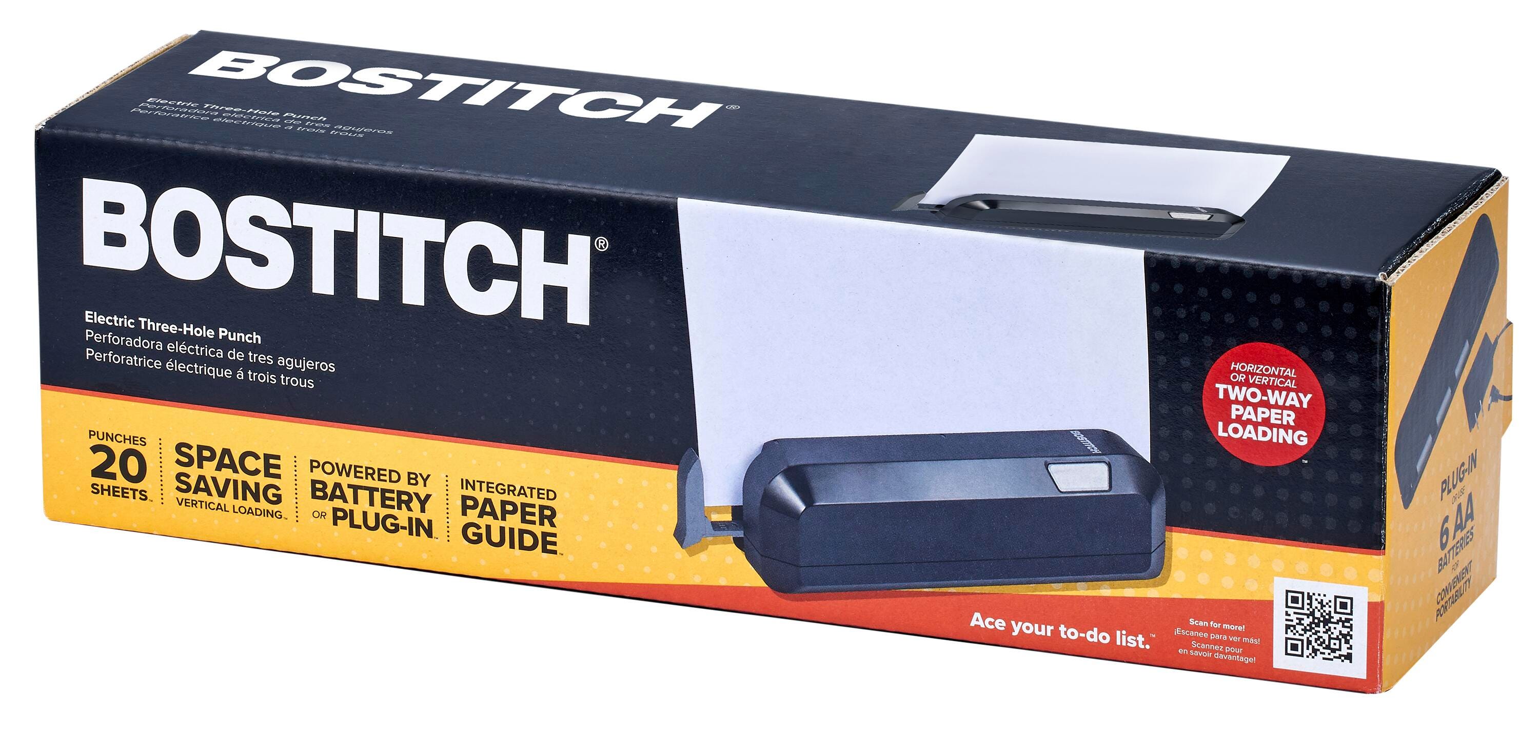 Bostitch Office 3-Hole Punch, Dual Paper Loading, Heavy Duty, Jam-Free, AC Adapter or Battery Powered, Space Saving, Black 2140329