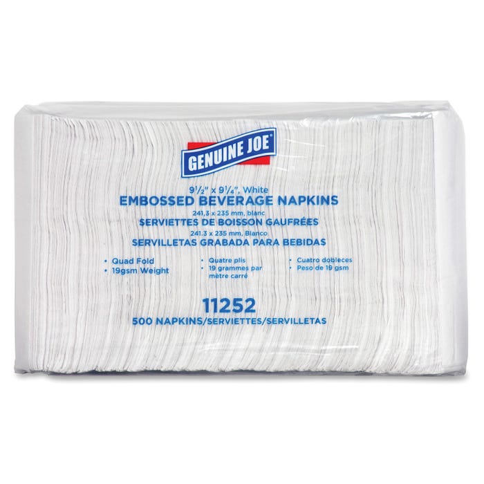 Genuine Joe Embossed Quad-Fold Square Beverage Napkin, 9-1/2 L x 9-1/2 W in, 2-Ply, White, Pack of 4000