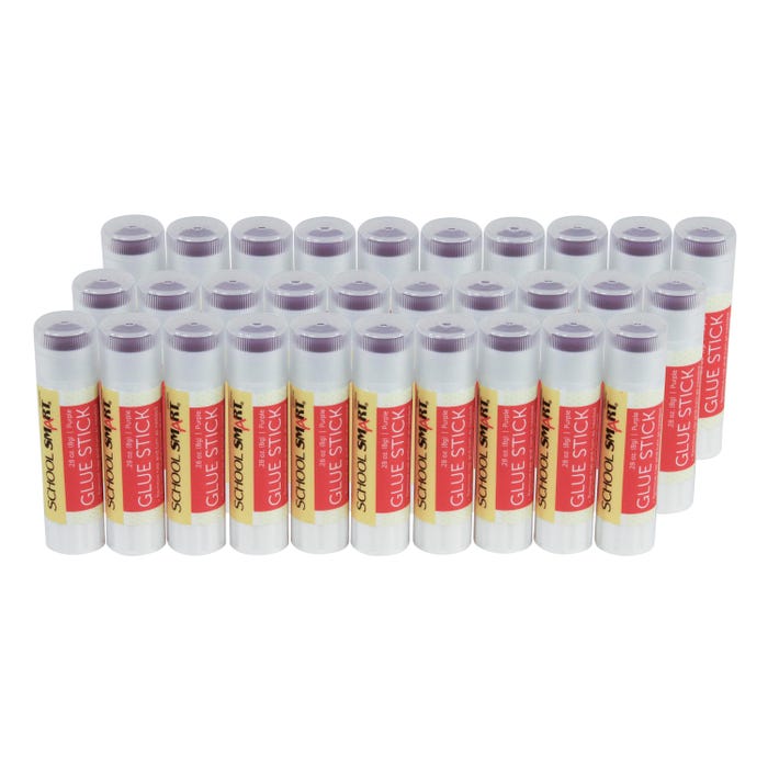 School Smart Glue Sticks, 0.28 Ounces, Purple and Dries Clear, Pack of 30