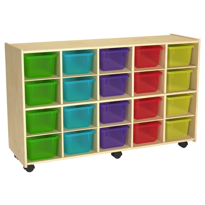 Childcraft Mobile Cubby Unit with Locking Casters, 20 Translucent-Color Bins, 47-3/4 x 14-1/4 x 30 Inches