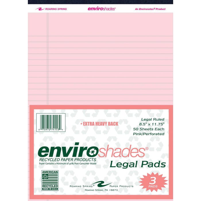 Enviroshades Legal Pads, 8-1/2 x 11-3/4 Inches, Pink, 50 Sheets, Pack of 3