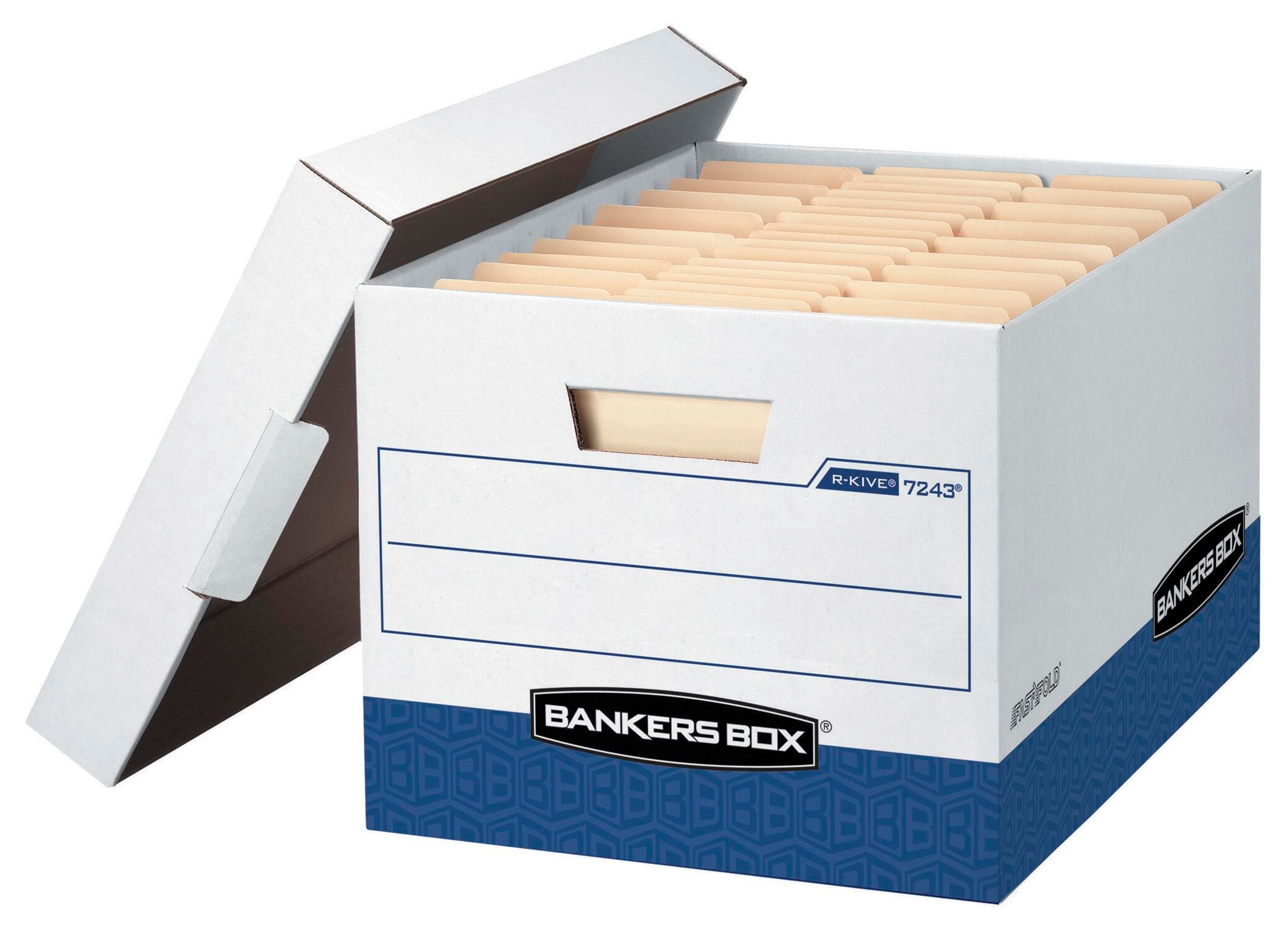 Bankers Box R-Kive File Storage Box, 12 x 15 x 10 Inches, White/Blue, Pack of 20, Item Number 2007734