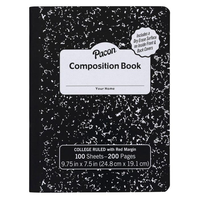 Pacon Composition Books with Dry Erase Surfaces, Black Marble, 3/8 Inch Ruled w/ Margin , 100 sheets