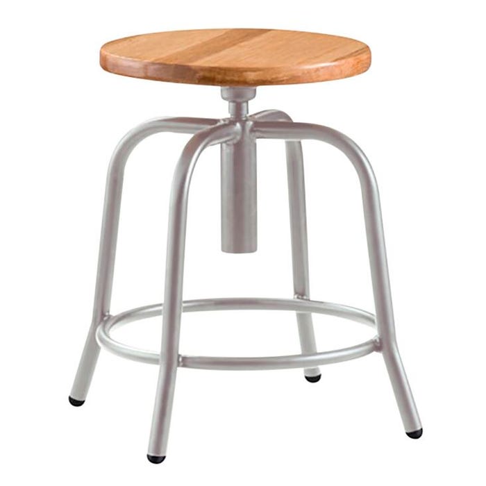 National Public Seating Height Adjustable Swivel Stool, 6800 Series, 19 to 25 Inch Seat Height, Wooden Seat, Gray Frame