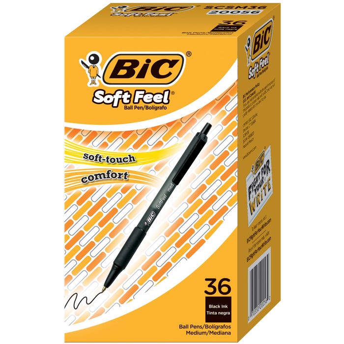 BIC Soft Feel Retractable Pen, 1.0 mm Medium Tip, Black, Pack of 36
