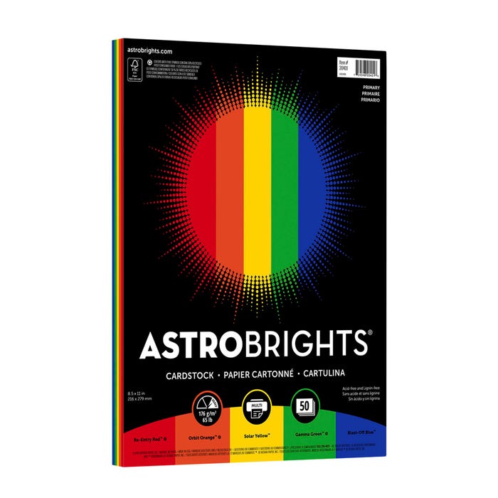 Astrobrights Colored Cardstock, 8-1/2 x 11 Inches, 65 lb/176 gsm, Primary 5-Color Assortment, 50 Sheets